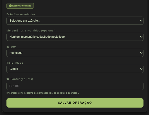 Continuação de Operações com personagens com Escolher no mapa, exércitos envolvidos, mercenários envolvidos, estado, visibilidade, pontuação e Salvar Operação.